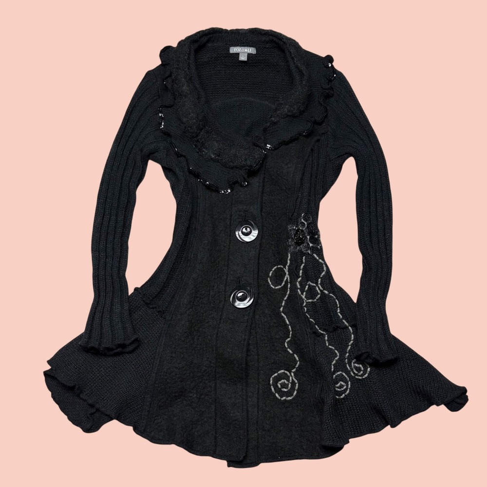 Roz & Ali Black Ruffle Sequin Floral Embroidered Button Front Cardigan Large